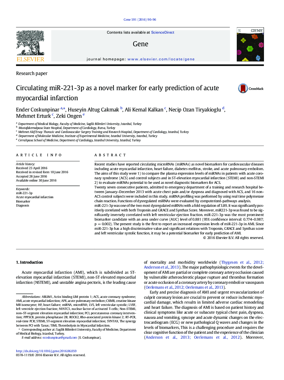 Circulating miR-221-3p as a novel marker for early prediction of acute myocardial infarction