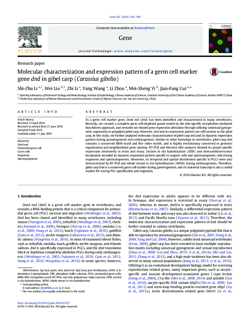 Molecular characterization and expression pattern of a germ cell marker gene dnd in gibel carp (Carassius gibelio)