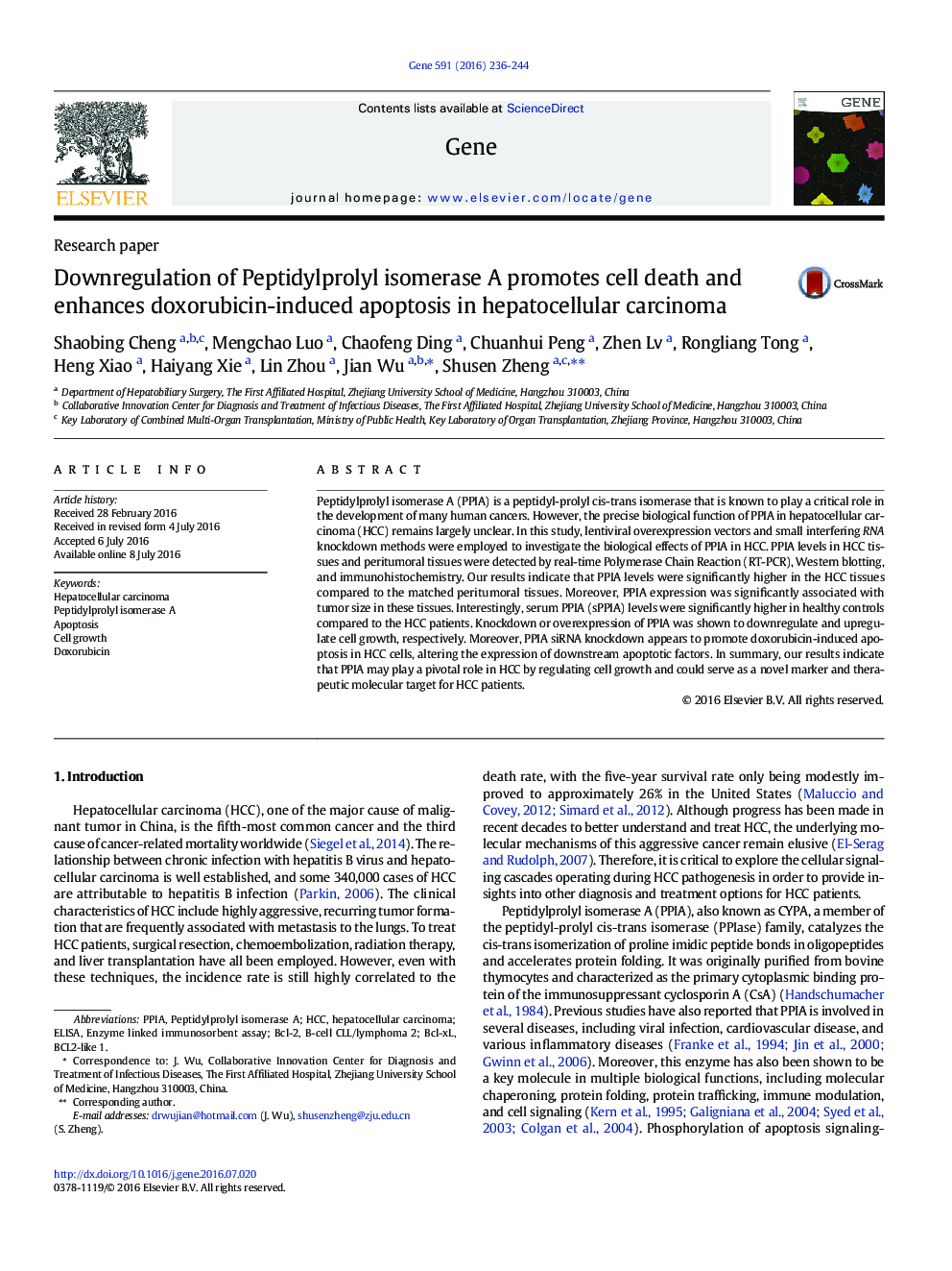 Downregulation of Peptidylprolyl isomerase A promotes cell death and enhances doxorubicin-induced apoptosis in hepatocellular carcinoma