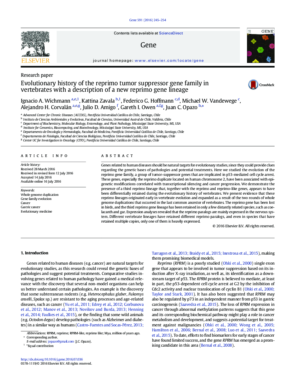 Evolutionary history of the reprimo tumor suppressor gene family in vertebrates with a description of a new reprimo gene lineage