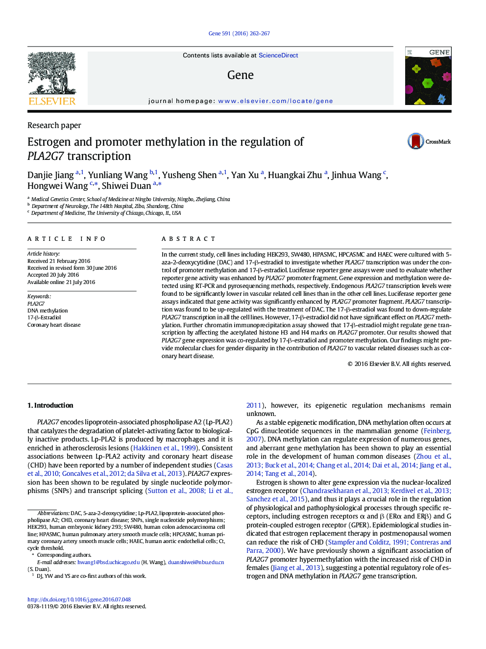 Estrogen and promoter methylation in the regulation of PLA2G7 transcription