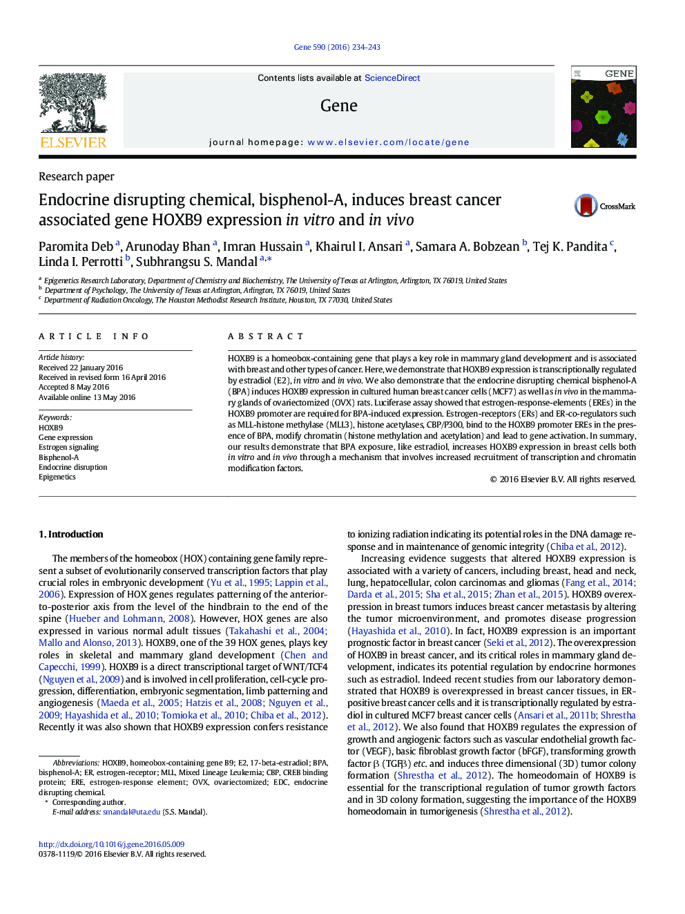 Endocrine disrupting chemical, bisphenol-A, induces breast cancer associated gene HOXB9 expression in vitro and in vivo