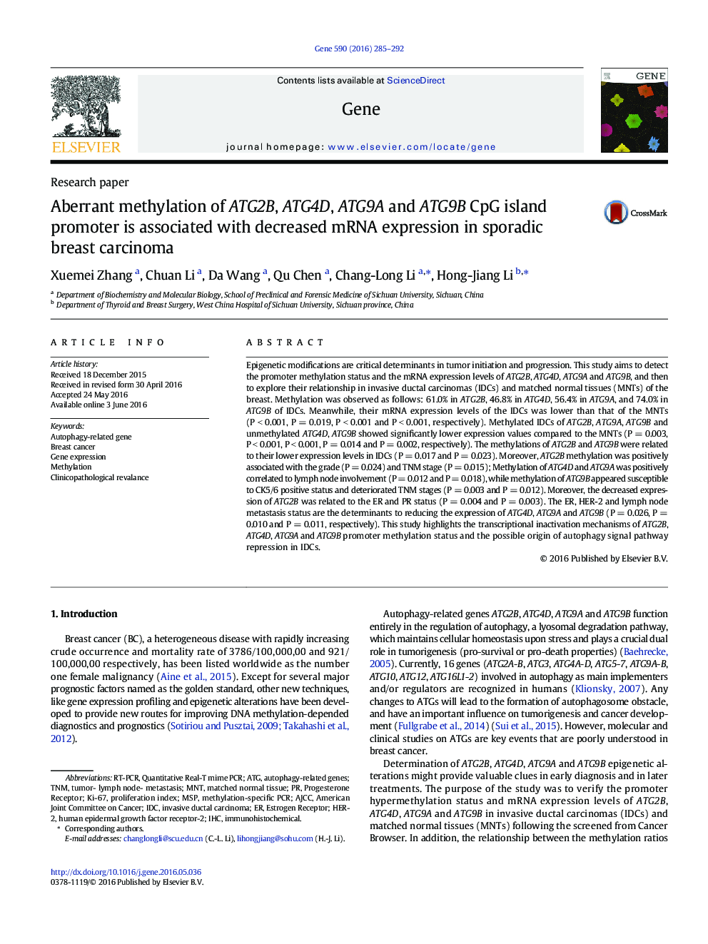 Aberrant methylation of ATG2B, ATG4D, ATG9A and ATG9B CpG island promoter is associated with decreased mRNA expression in sporadic breast carcinoma