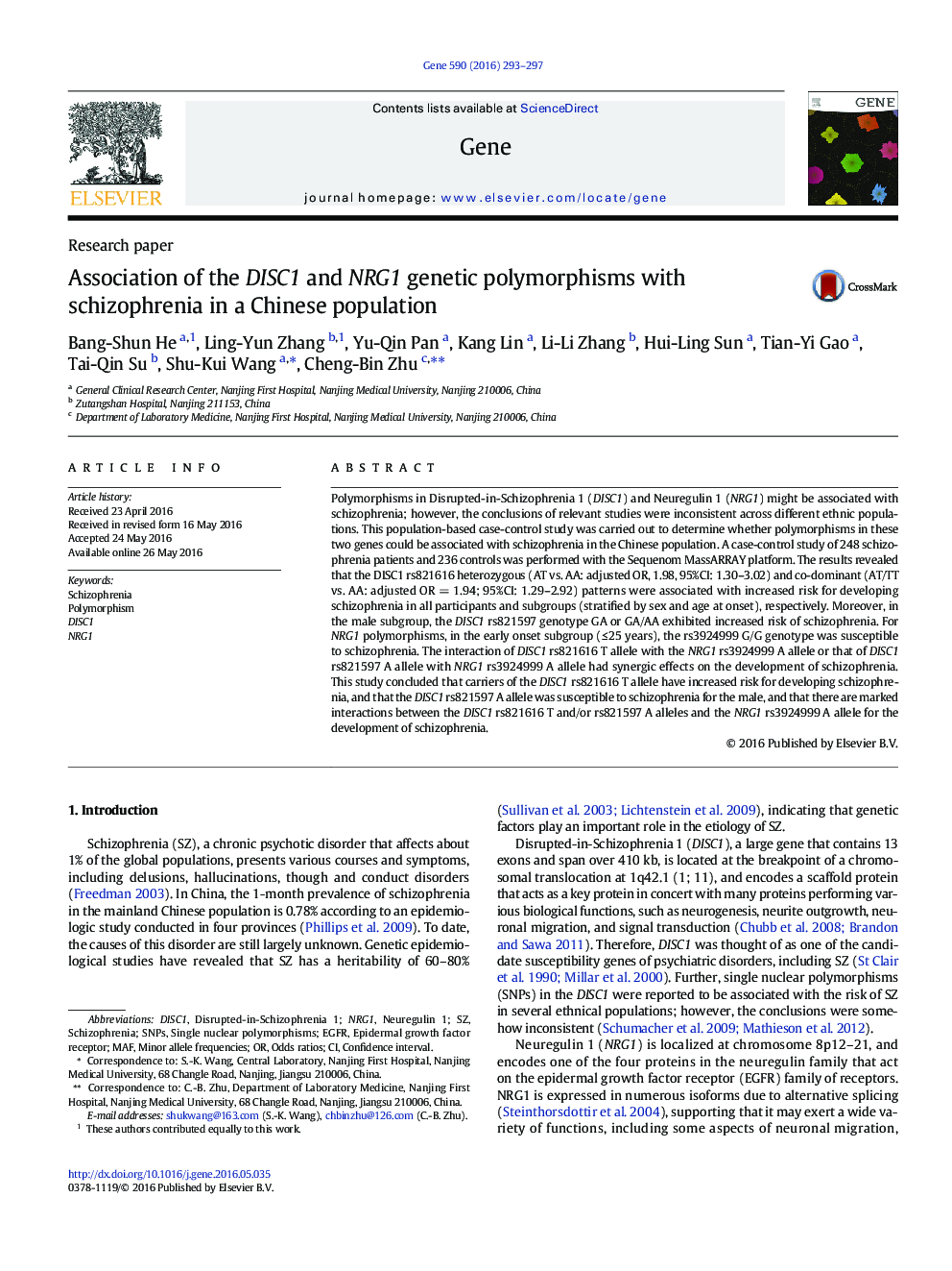 Association of the DISC1 and NRG1 genetic polymorphisms with schizophrenia in a Chinese population