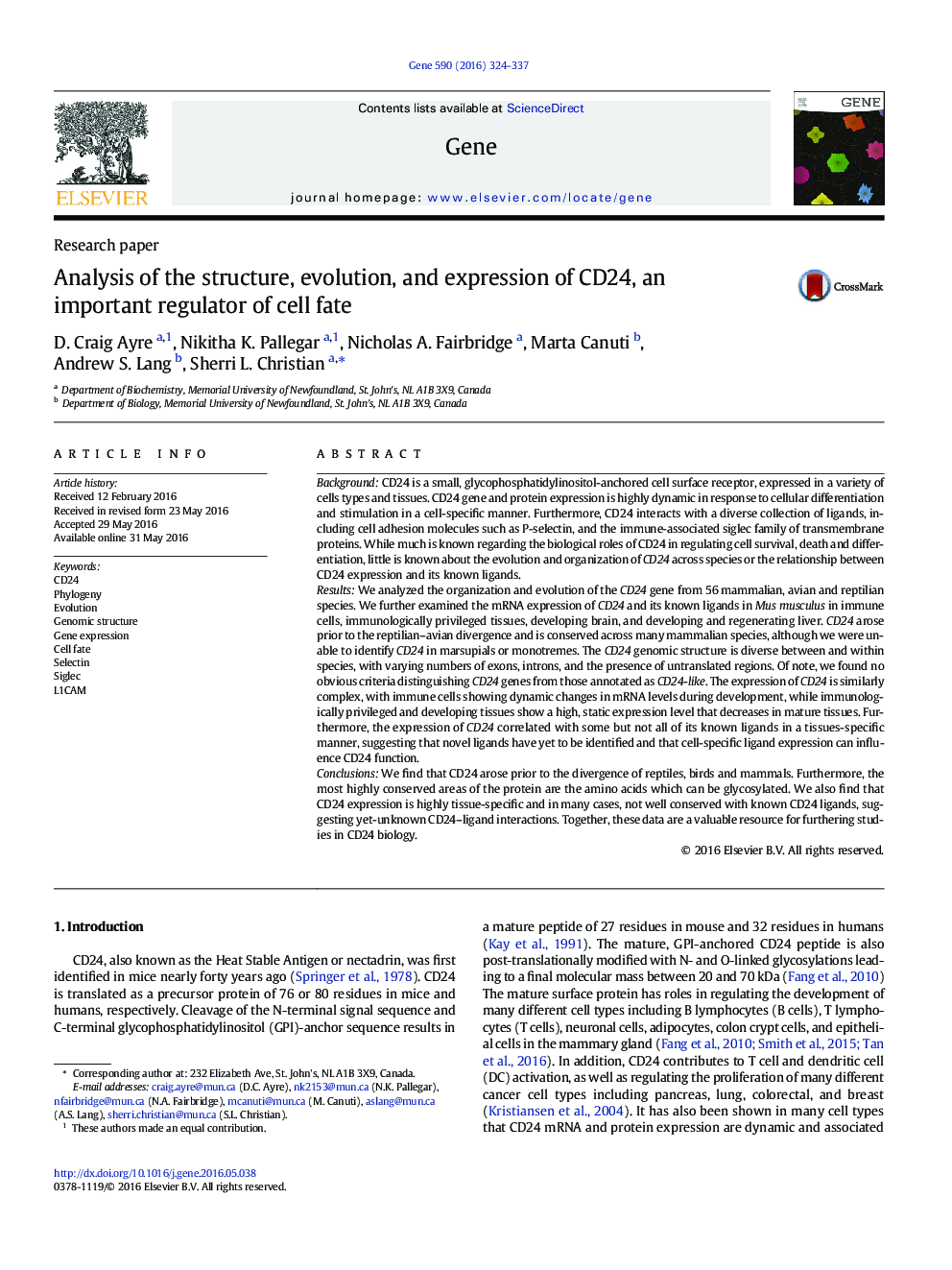 Analysis of the structure, evolution, and expression of CD24, an important regulator of cell fate