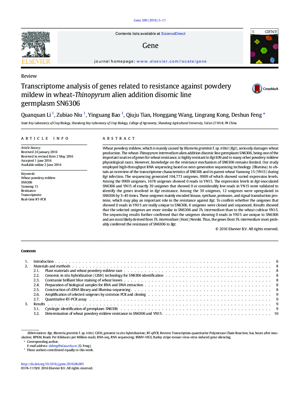 Transcriptome analysis of genes related to resistance against powdery mildew in wheat-Thinopyrum alien addition disomic line germplasm SN6306