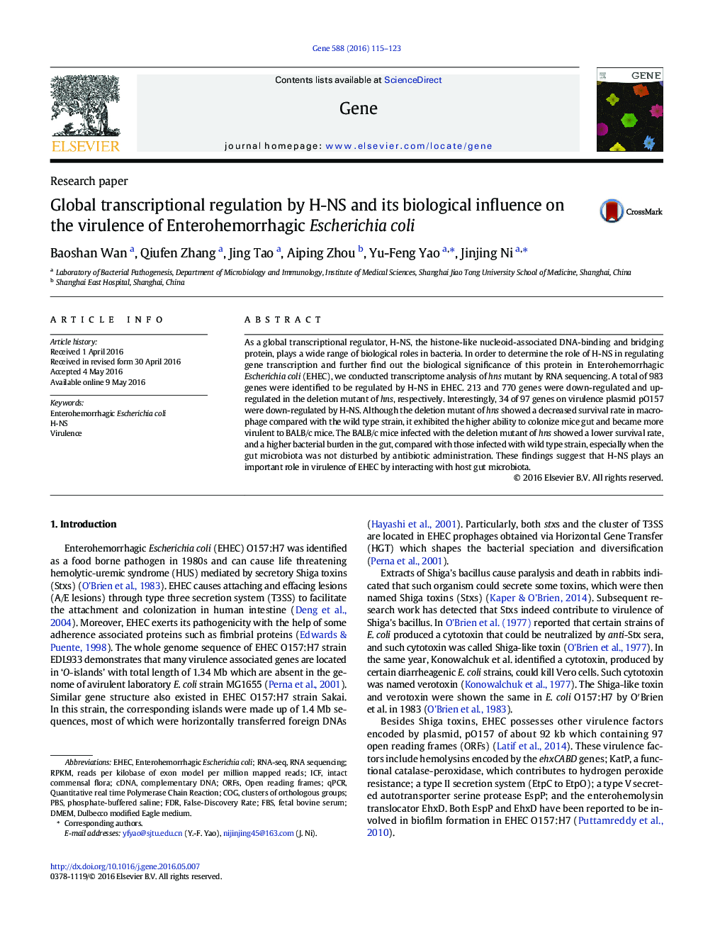 Global transcriptional regulation by H-NS and its biological influence on the virulence of Enterohemorrhagic Escherichia coli