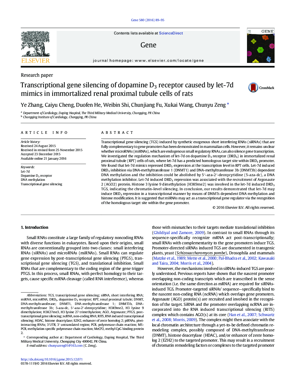 Transcriptional gene silencing of dopamine D3 receptor caused by let-7d mimics in immortalized renal proximal tubule cells of rats