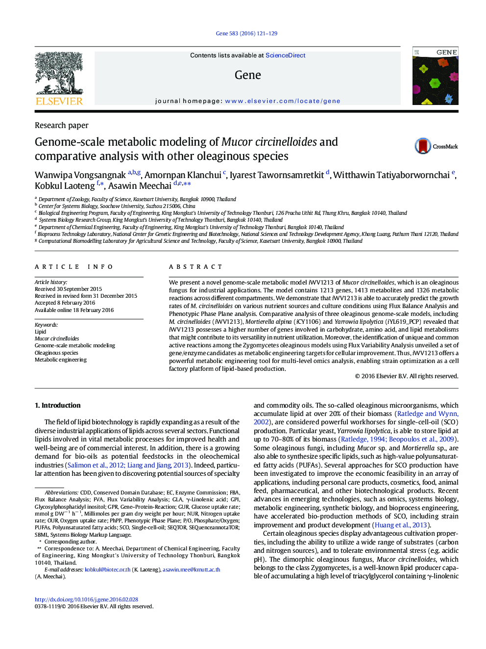 Genome-scale metabolic modeling of Mucor circinelloides and comparative analysis with other oleaginous species