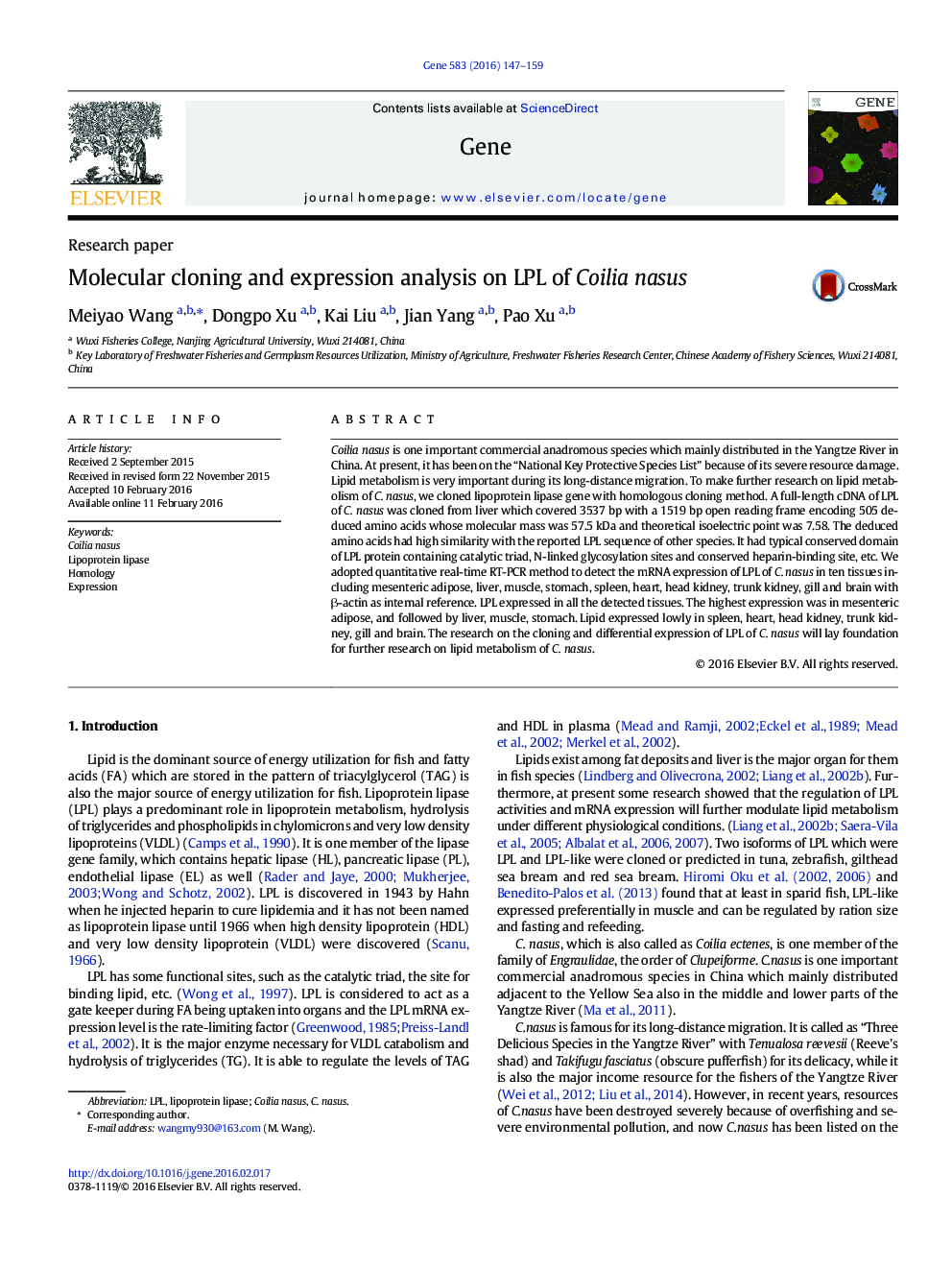 Molecular cloning and expression analysis on LPL of Coilia nasus