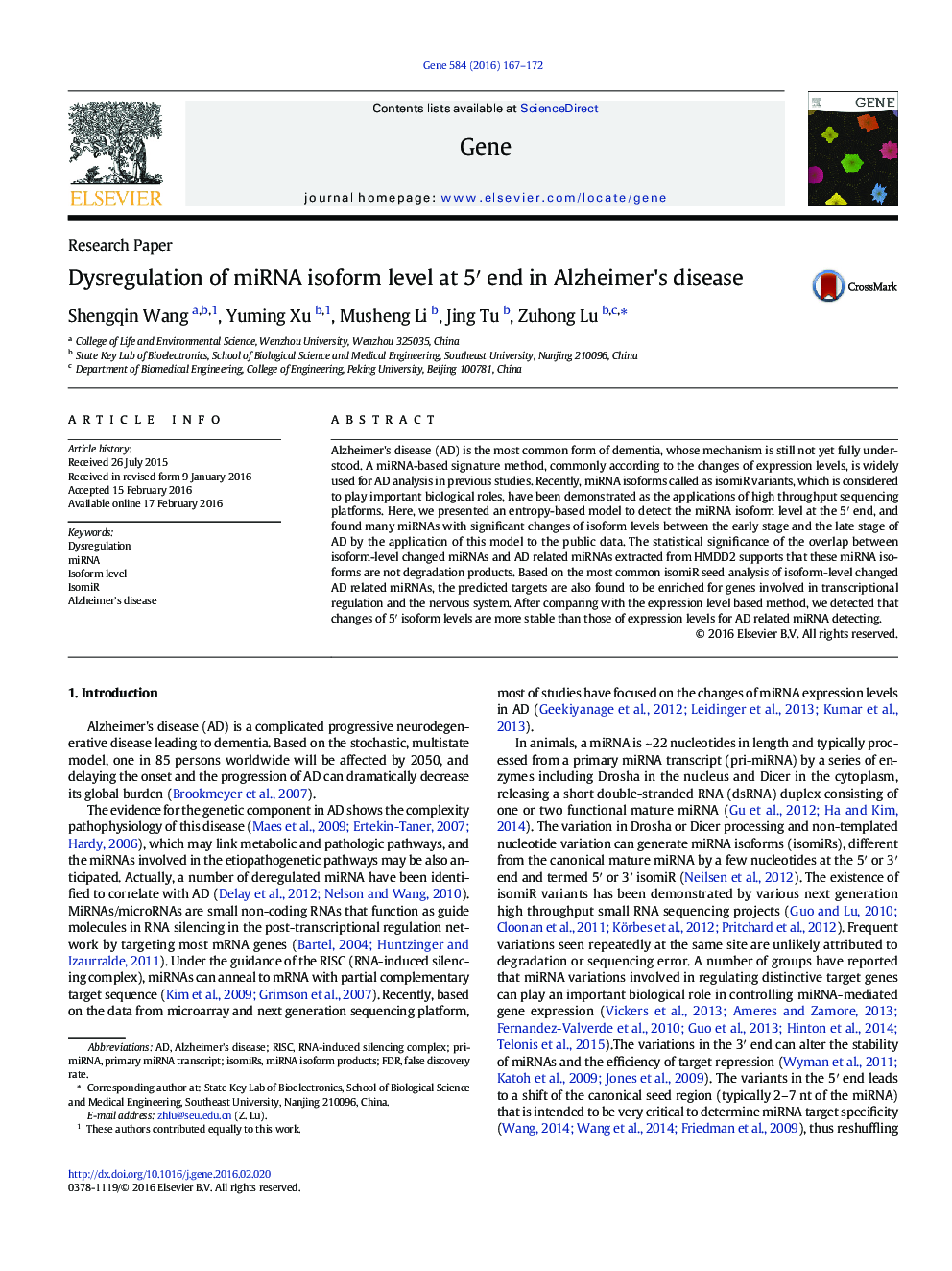 Dysregulation of miRNA isoform level at 5ʹ end in Alzheimer's disease