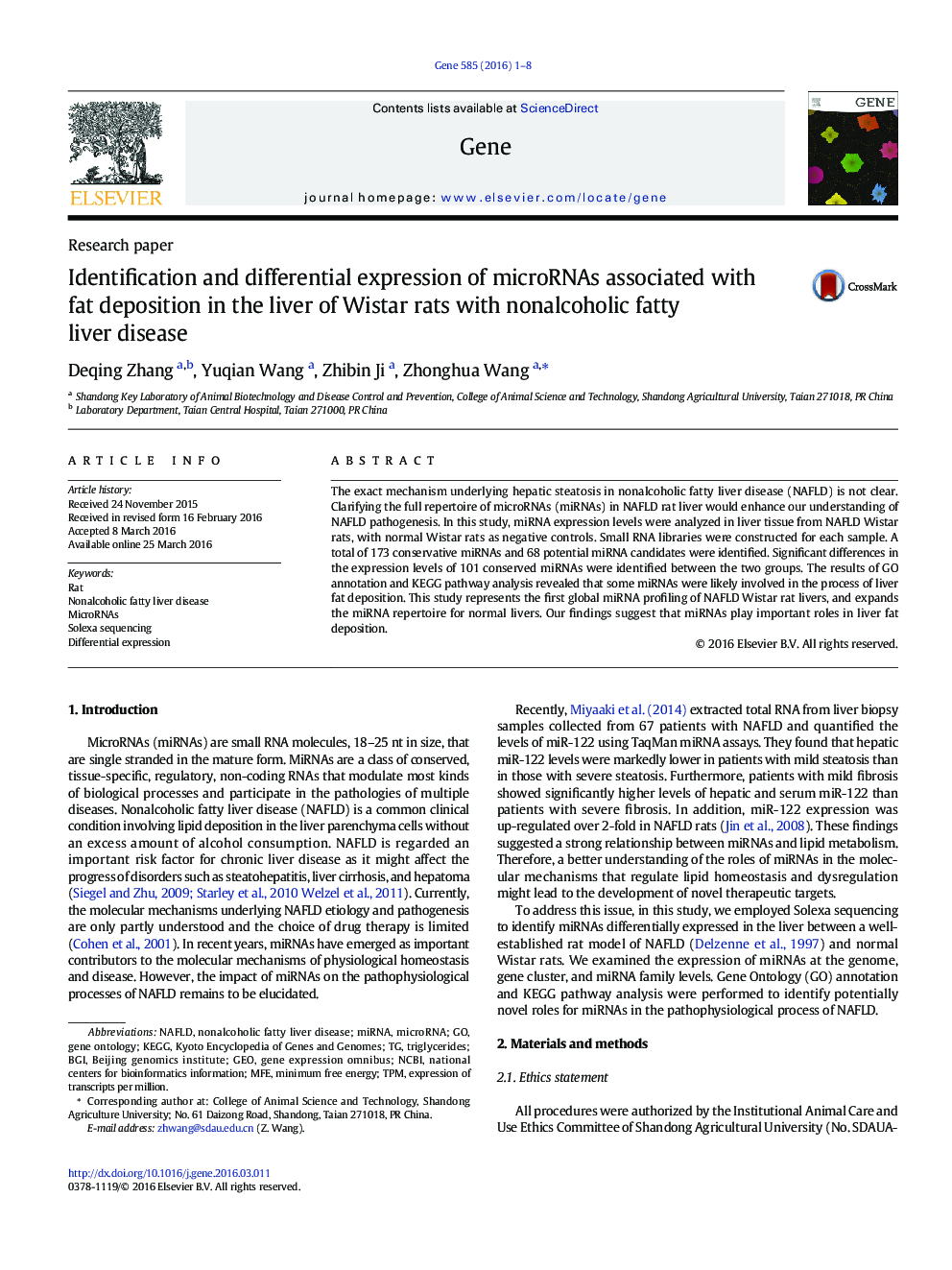 Identification and differential expression of microRNAs associated with fat deposition in the liver of Wistar rats with nonalcoholic fatty liver disease