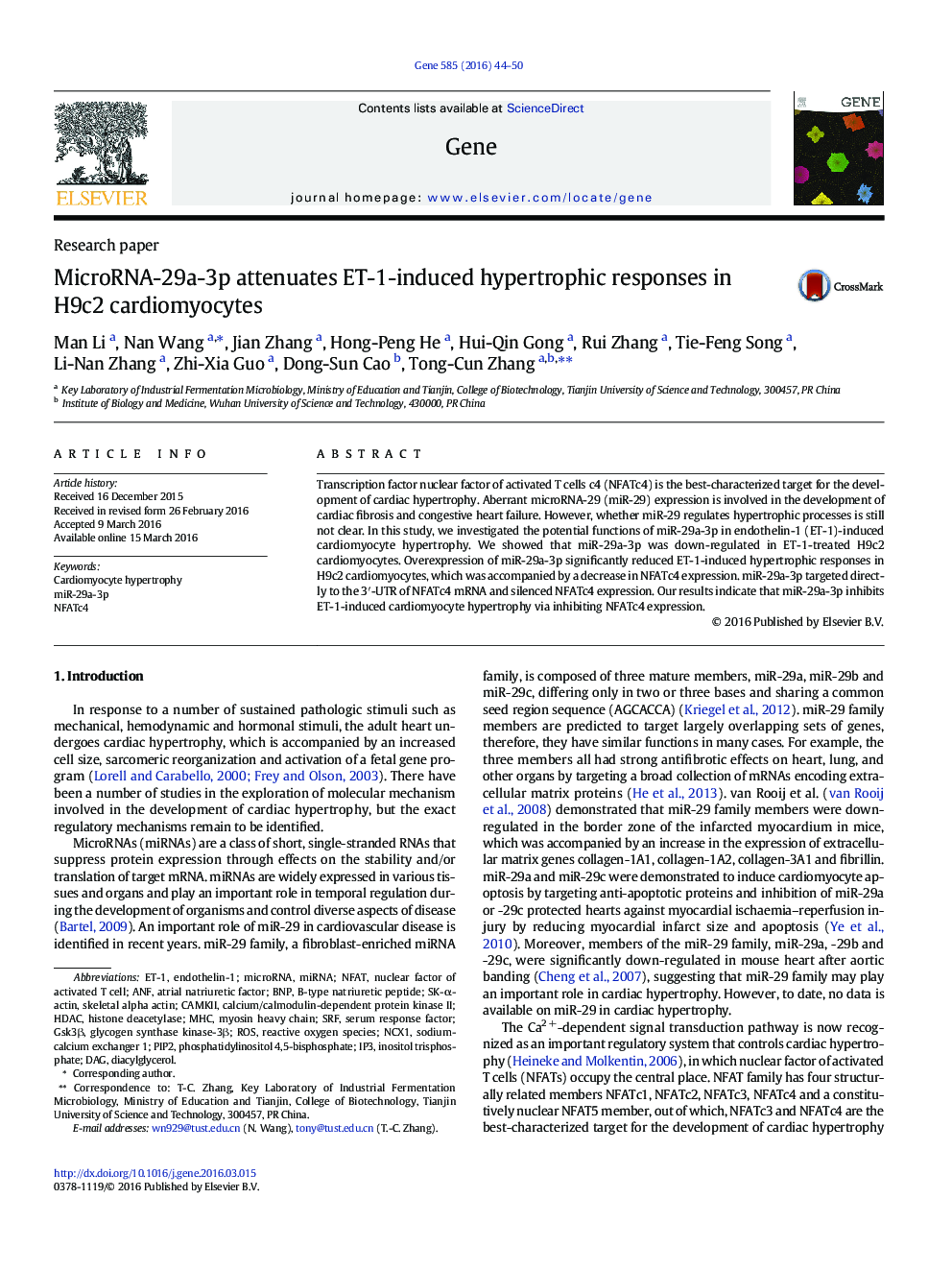 MicroRNA-29a-3p attenuates ET-1-induced hypertrophic responses in H9c2 cardiomyocytes