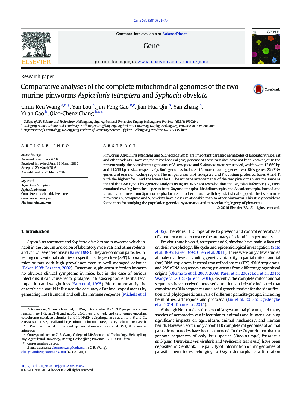 Comparative analyses of the complete mitochondrial genomes of the two murine pinworms Aspiculuris tetraptera and Syphacia obvelata