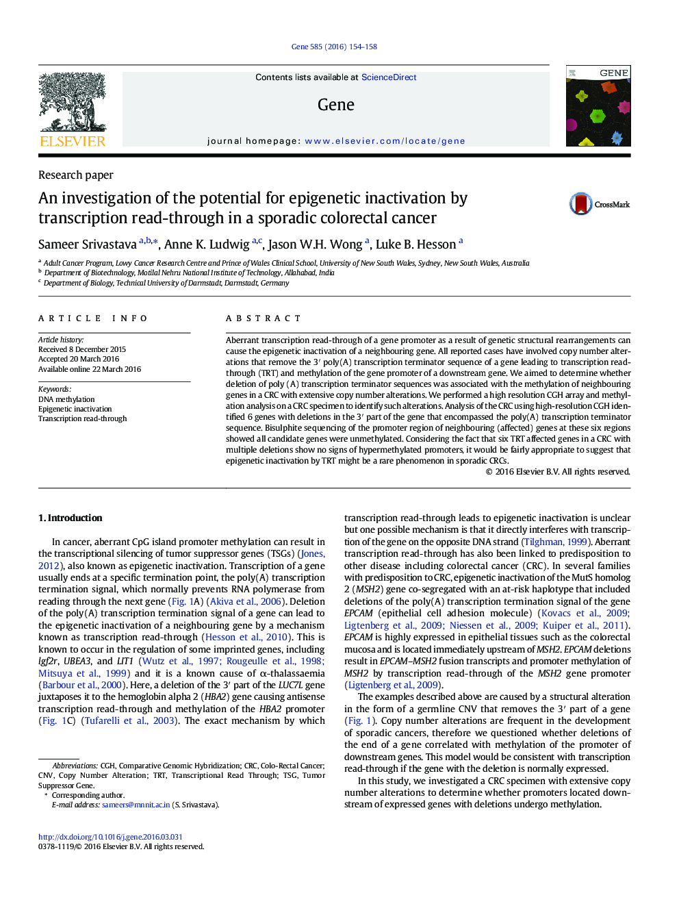 An investigation of the potential for epigenetic inactivation by transcription read-through in a sporadic colorectal cancer