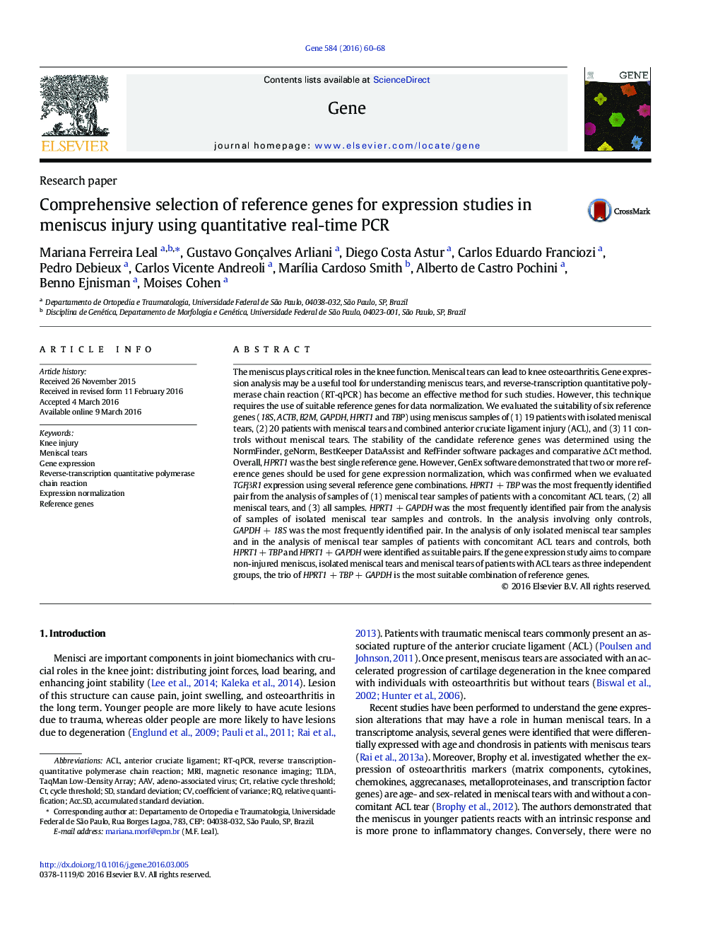 Comprehensive selection of reference genes for expression studies in meniscus injury using quantitative real-time PCR