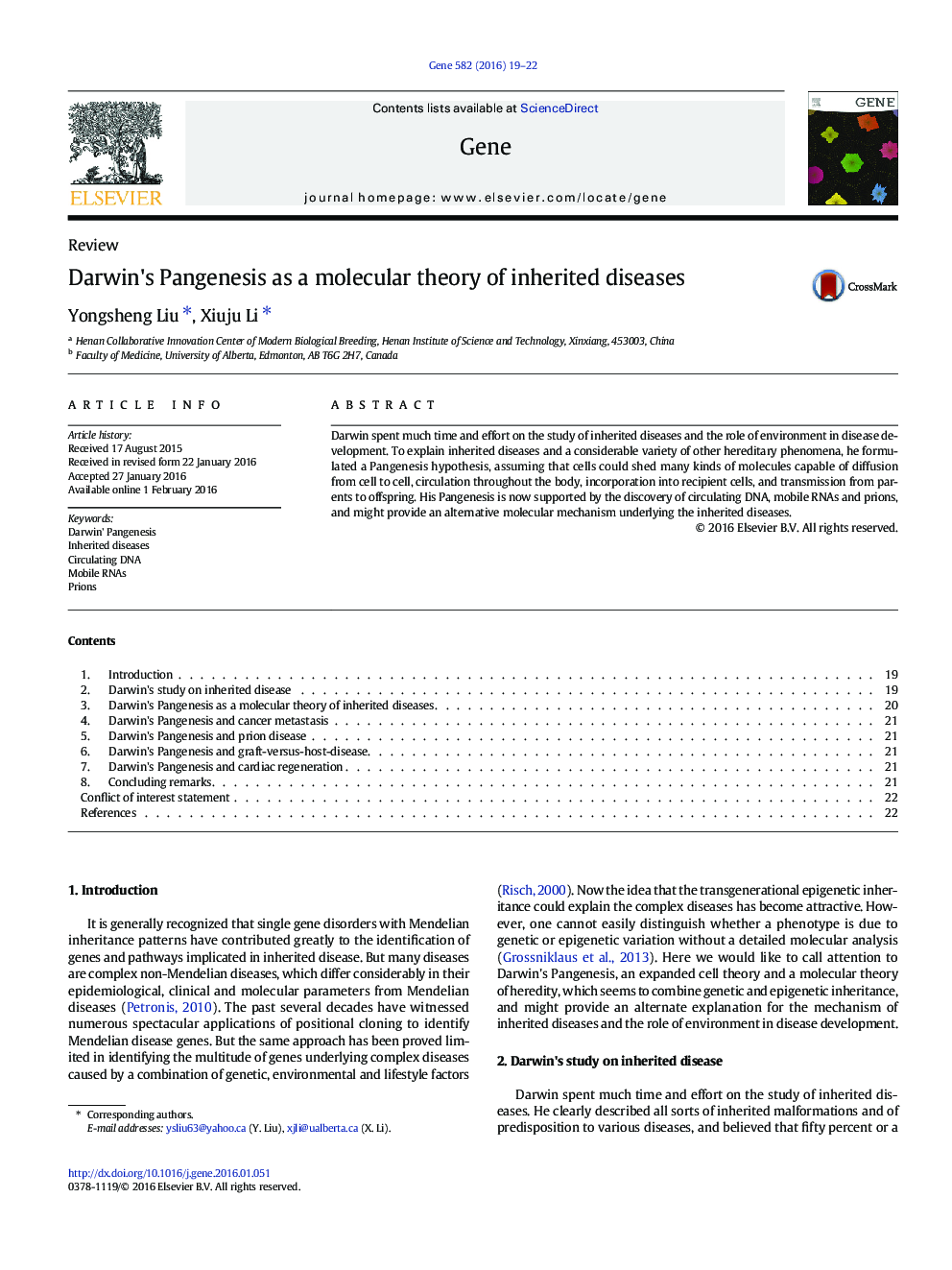 Darwin's Pangenesis as a molecular theory of inherited diseases