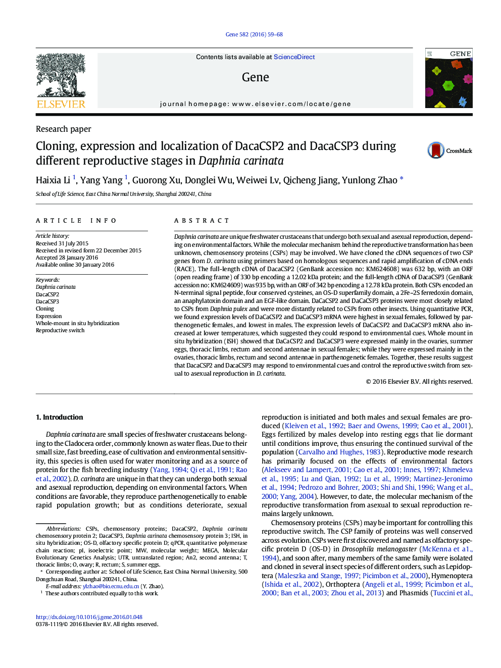 Cloning, expression and localization of DacaCSP2 and DacaCSP3 during different reproductive stages in Daphnia carinata