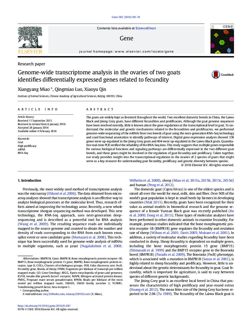 Genome-wide transcriptome analysis in the ovaries of two goats identifies differentially expressed genes related to fecundity