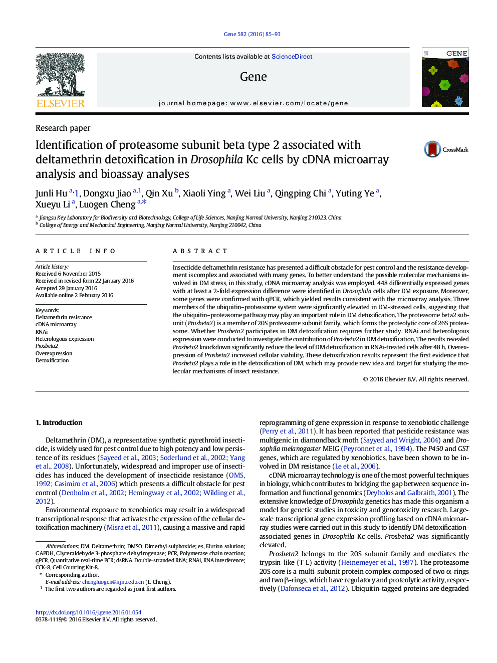 Identification of proteasome subunit beta type 2 associated with deltamethrin detoxification in Drosophila Kc cells by cDNA microarray analysis and bioassay analyses