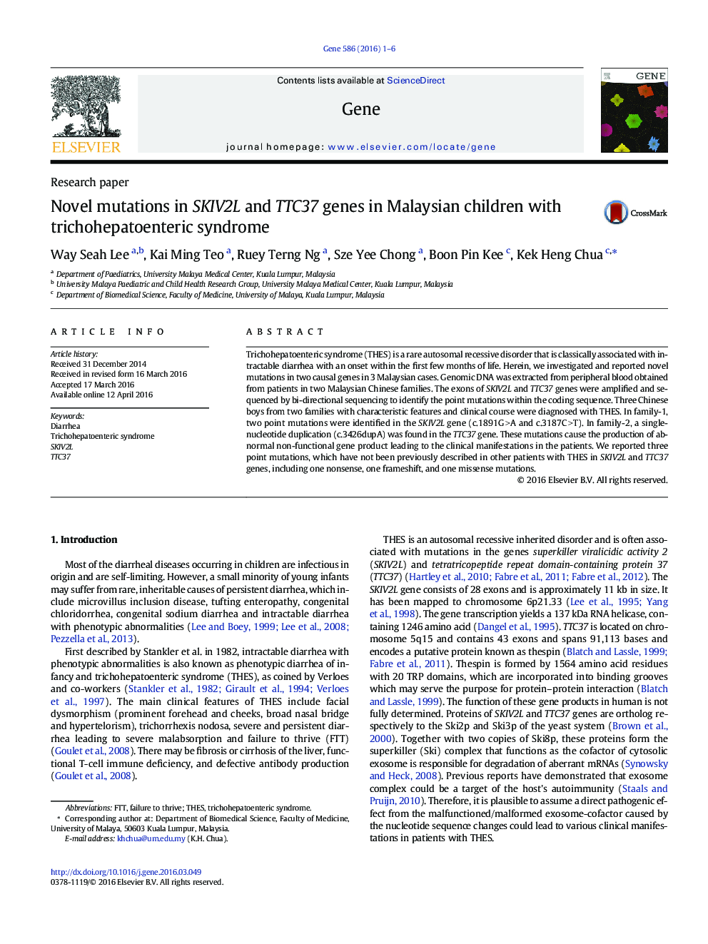 عکس صفحه اول مقاله: Novel mutations in SKIV2L and TTC37 genes in Malaysian children with trichohepatoenteric syndrome Novel mutations in SKIV2L and TTC37 genes in Malaysian children with trichohepatoenteric syndrome