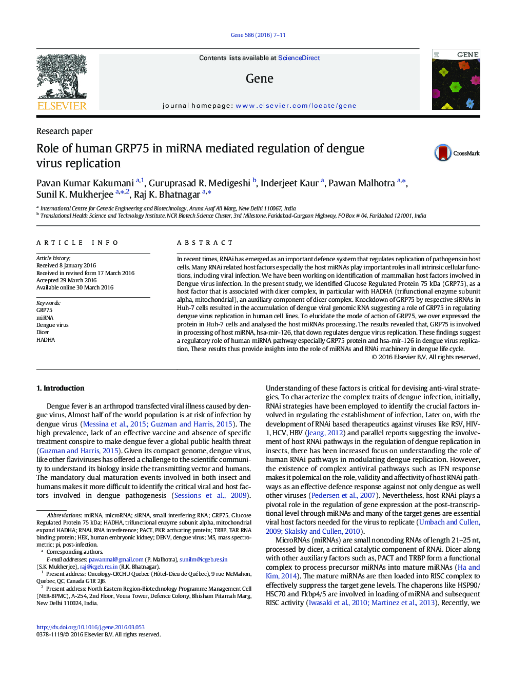 Role of human GRP75 in miRNA mediated regulation of dengue virus replication