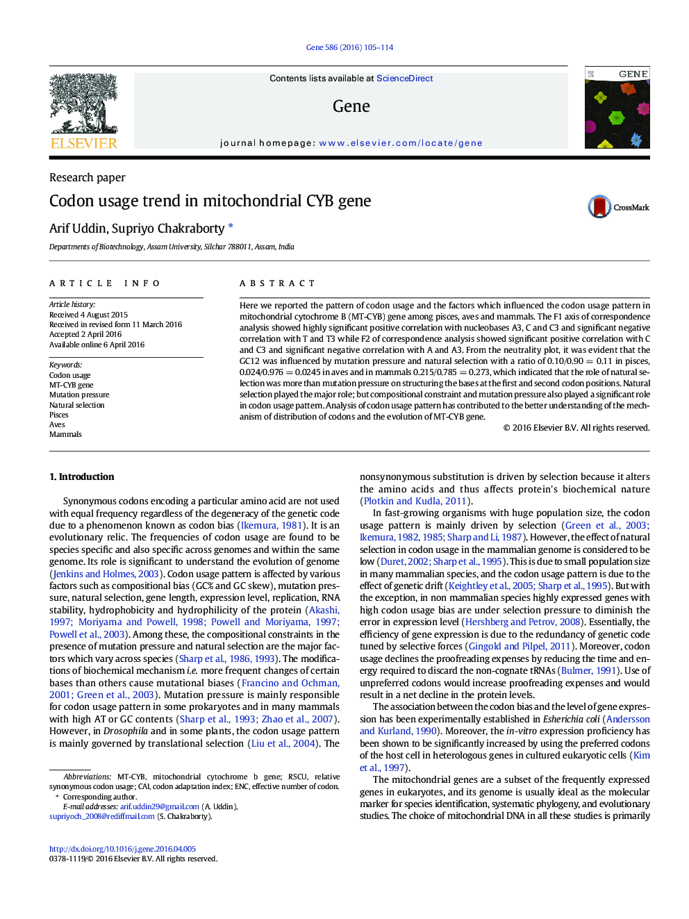 Codon usage trend in mitochondrial CYB gene