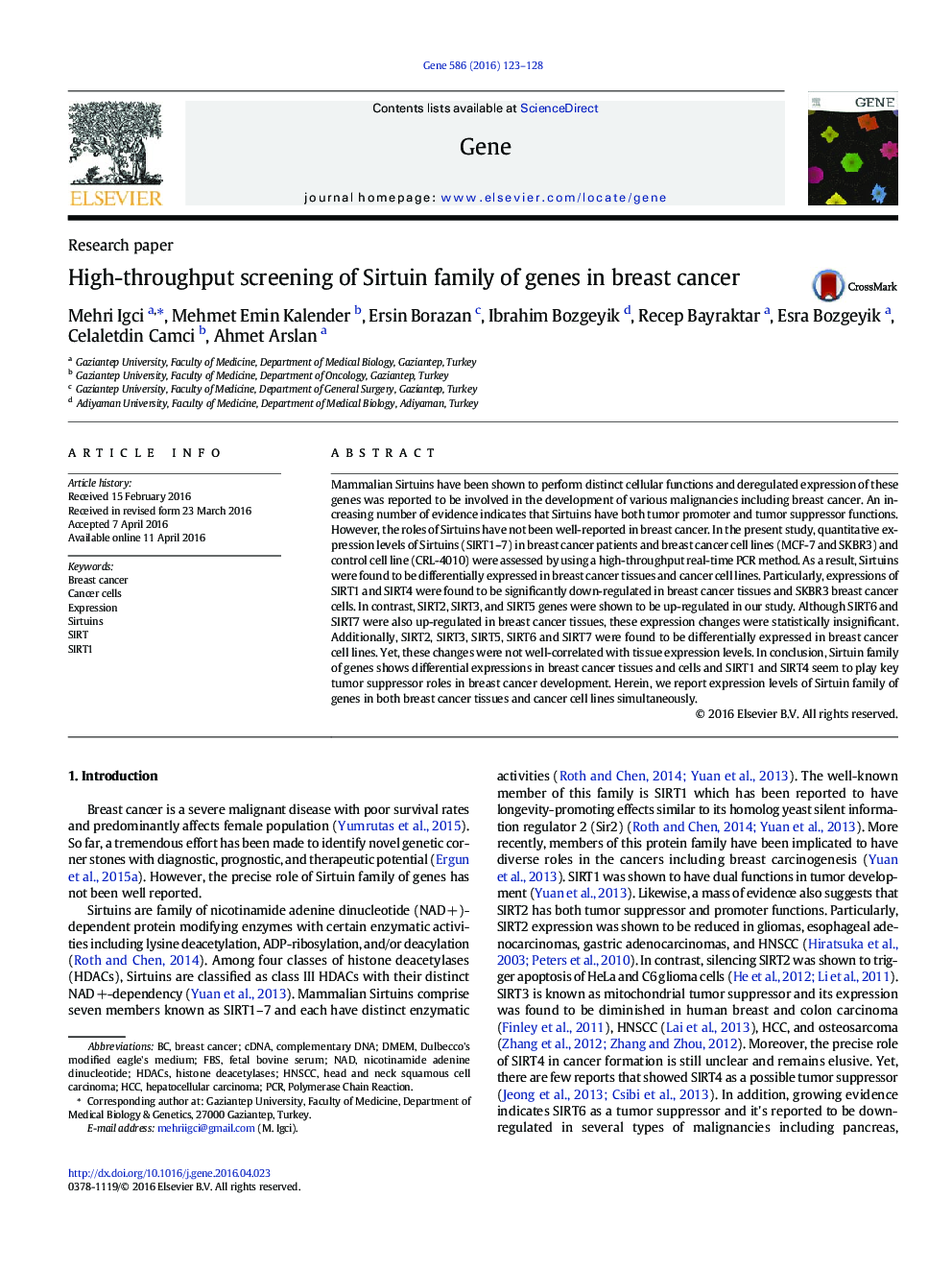 High-throughput screening of Sirtuin family of genes in breast cancer