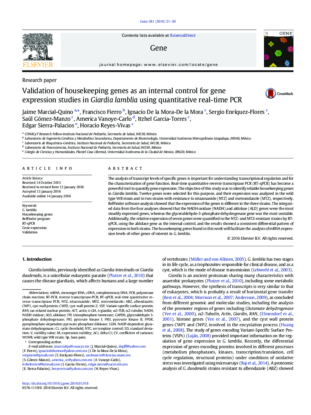 Validation of housekeeping genes as an internal control for gene expression studies in Giardia lamblia using quantitative real-time PCR