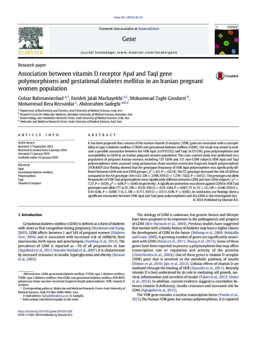 Association between vitamin D receptor ApaI and TaqI gene polymorphisms and gestational diabetes mellitus in an Iranian pregnant women population