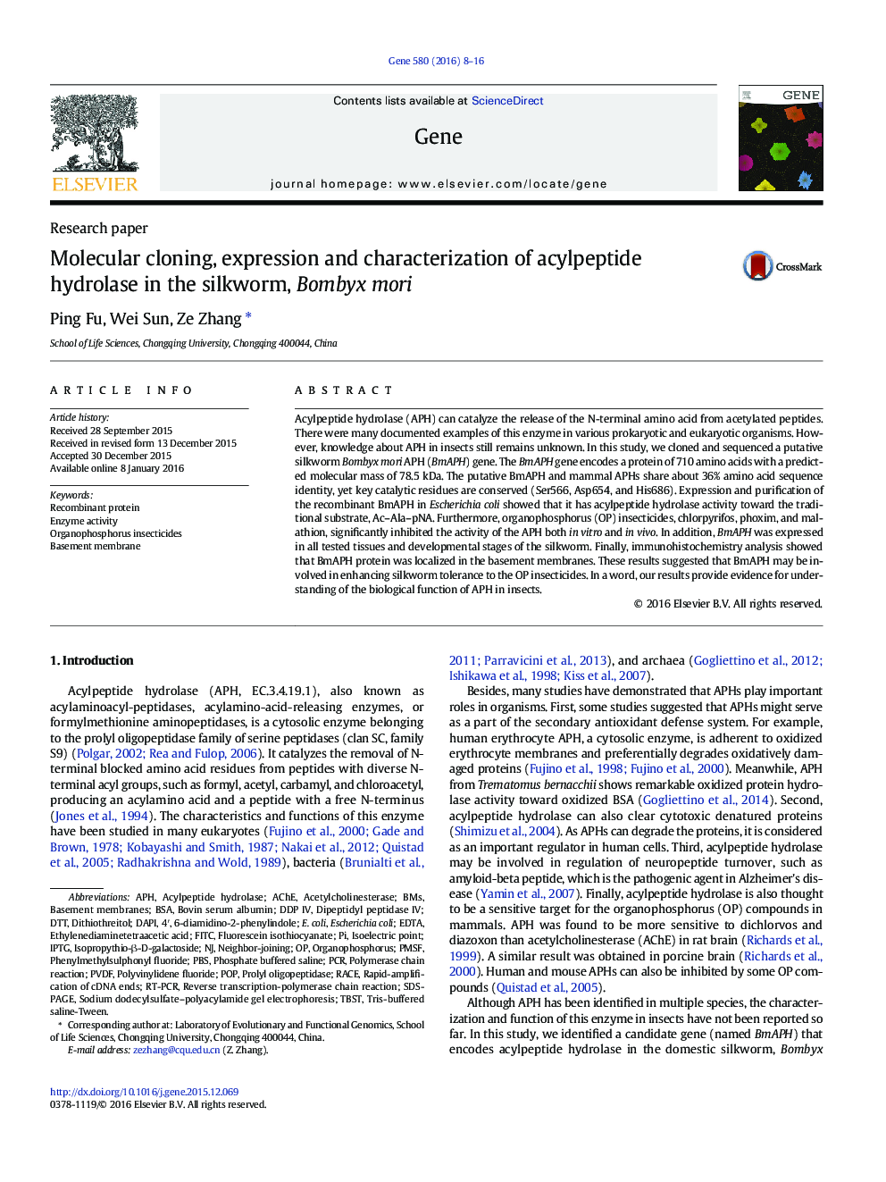 Molecular cloning, expression and characterization of acylpeptide hydrolase in the silkworm, Bombyx mori