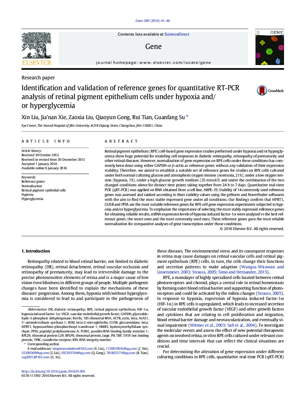 Identification and validation of reference genes for quantitative RT-PCR analysis of retinal pigment epithelium cells under hypoxia and/or hyperglycemia