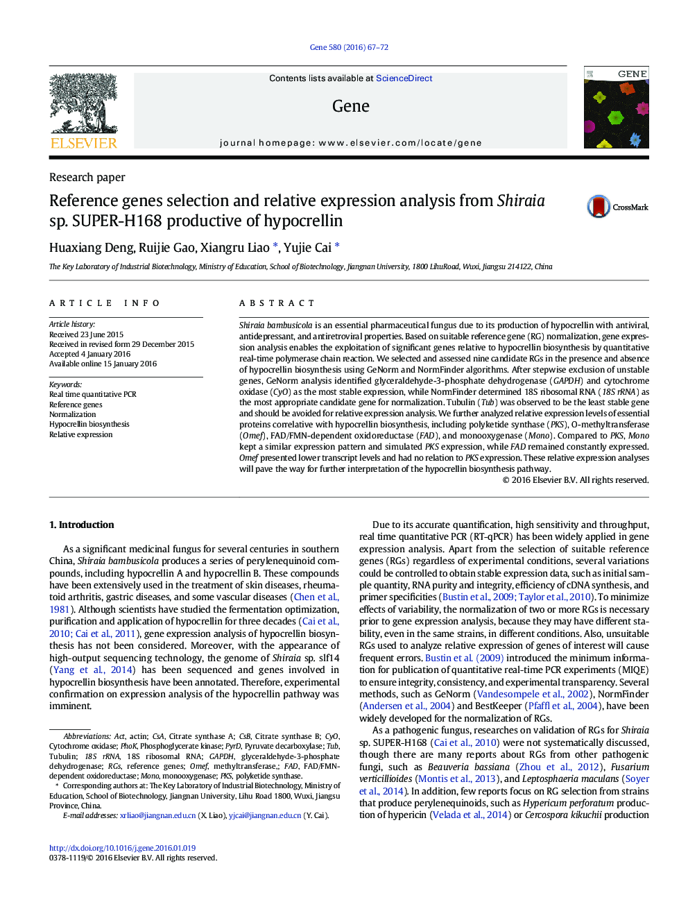 Reference genes selection and relative expression analysis from Shiraia sp. SUPER-H168 productive of hypocrellin