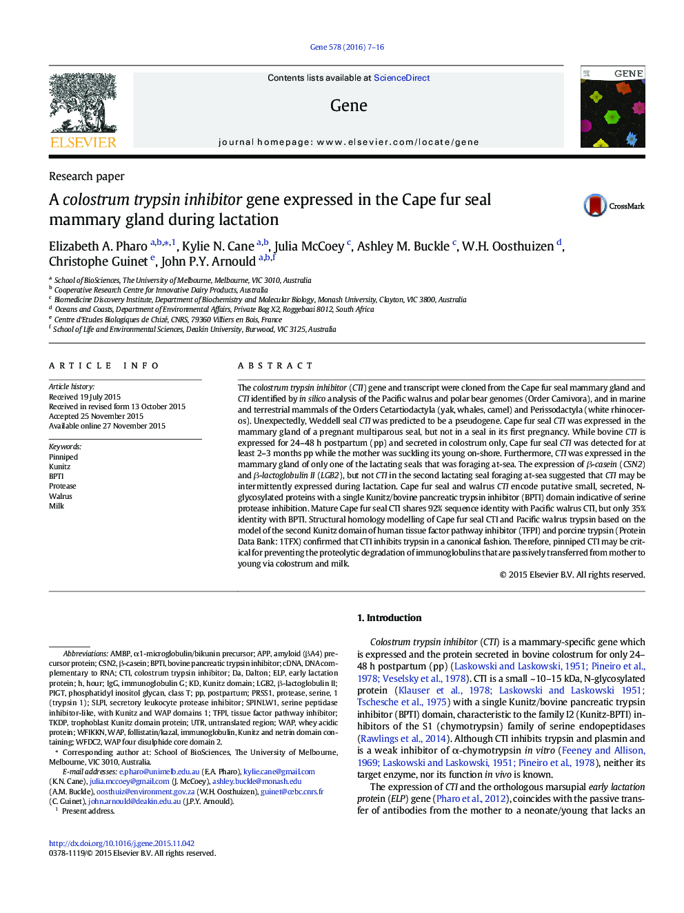 A colostrum trypsin inhibitor gene expressed in the Cape fur seal mammary gland during lactation