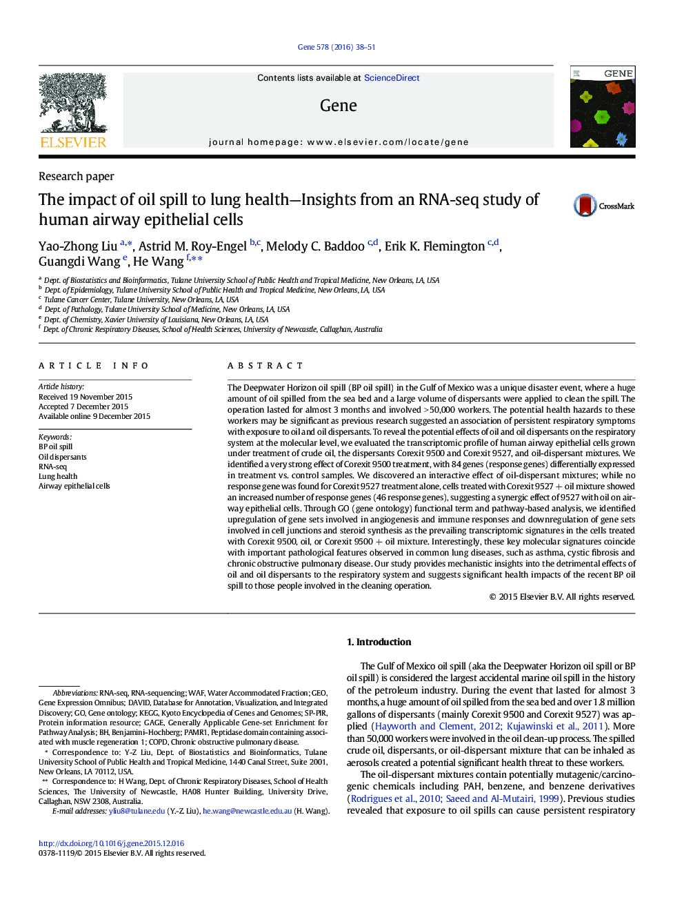 The impact of oil spill to lung health—Insights from an RNA-seq study of human airway epithelial cells