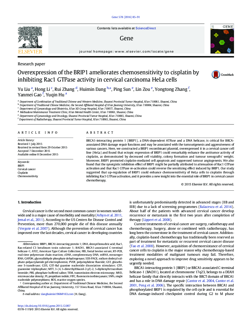 Overexpression of the BRIP1 ameliorates chemosensitivity to cisplatin by inhibiting Rac1 GTPase activity in cervical carcinoma HeLa cells