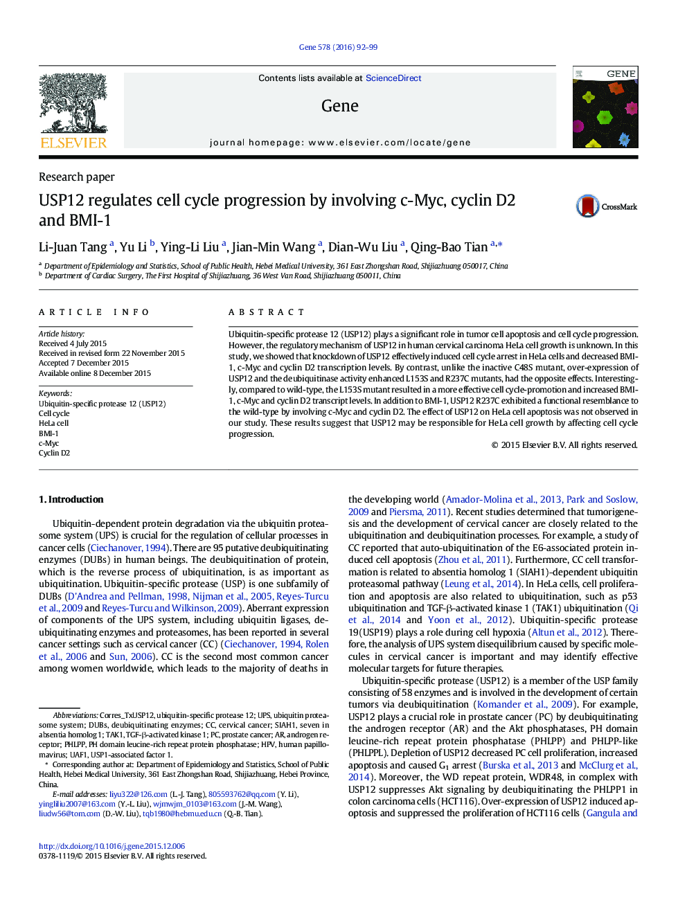 USP12 regulates cell cycle progression by involving c-Myc, cyclin D2 and BMI-1