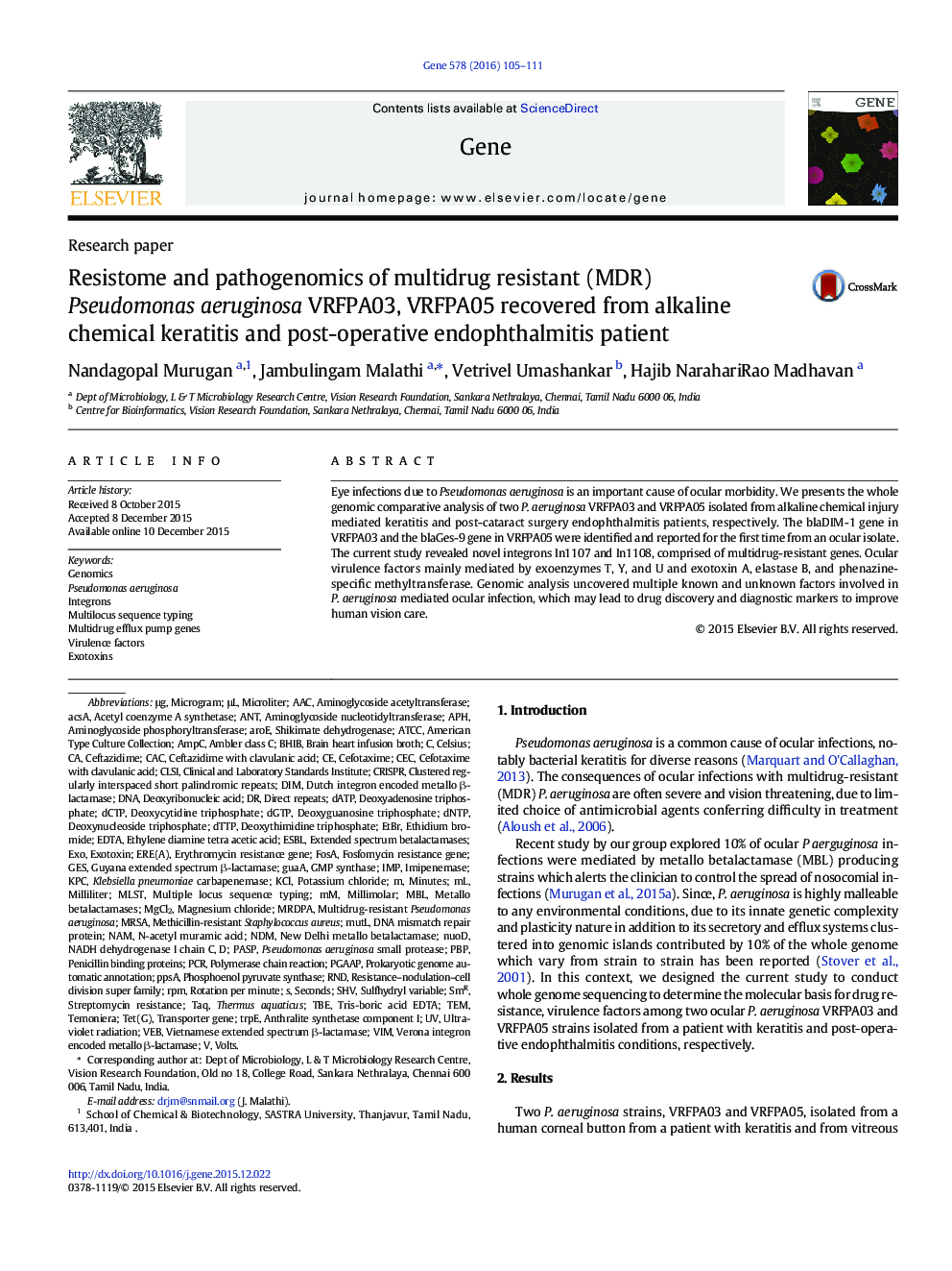 عکس صفحه اول مقاله: Resistome and pathogenomics of multidrug resistant (MDR) Pseudomonas aeruginosa VRFPA03, VRFPA05 recovered from alkaline chemical keratitis and post-operative endophthalmitis patient Resistome and pathogenomics of multidrug resistant (MDR) Pseudomonas aeruginosa VRFPA03, VRFPA05 recovered from alkaline chemical keratitis and post-operative endophthalmitis patient