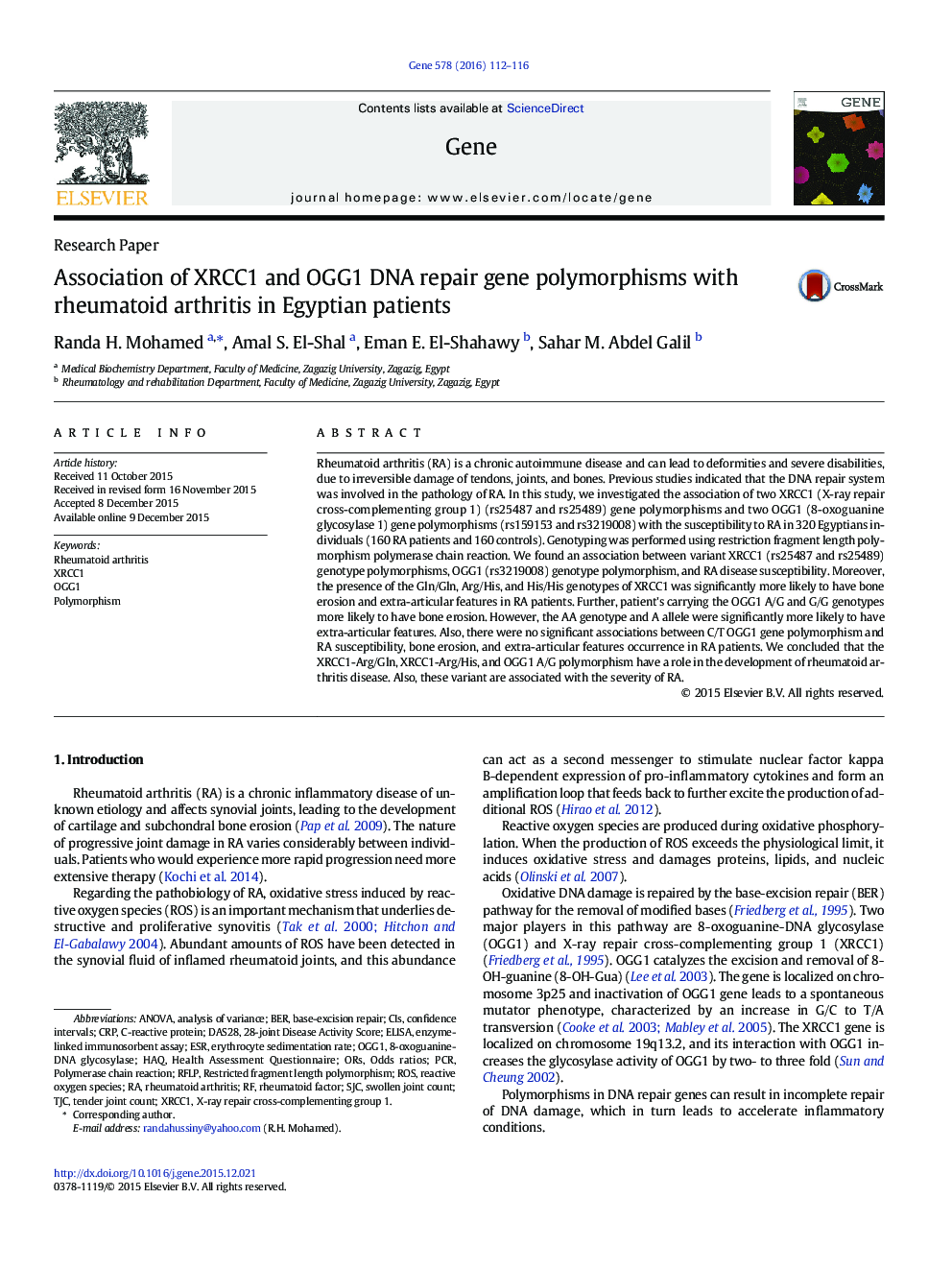 Association of XRCC1 and OGG1 DNA repair gene polymorphisms with rheumatoid arthritis in Egyptian patients