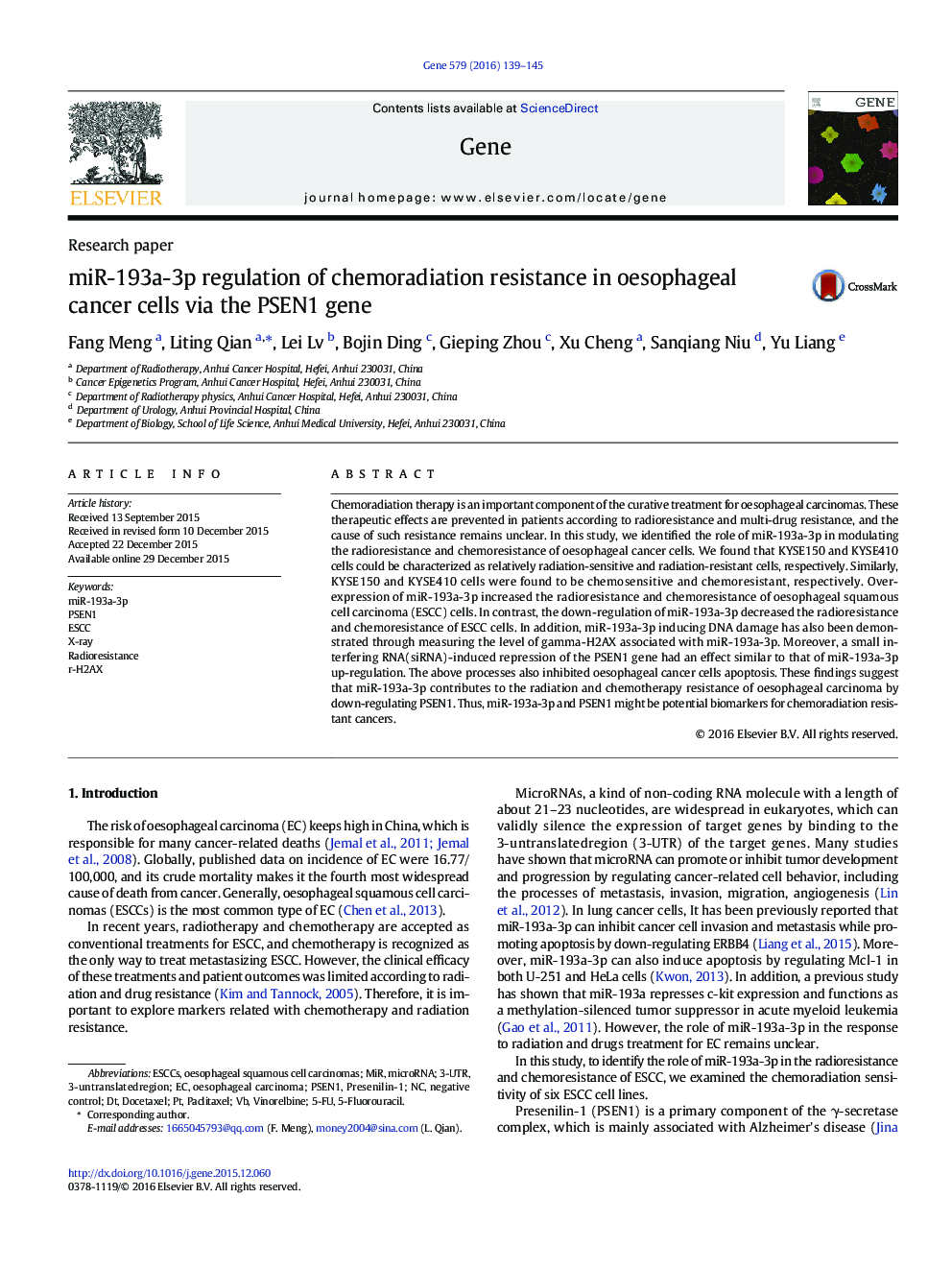 miR-193a-3p regulation of chemoradiation resistance in oesophageal cancer cells via the PSEN1 gene