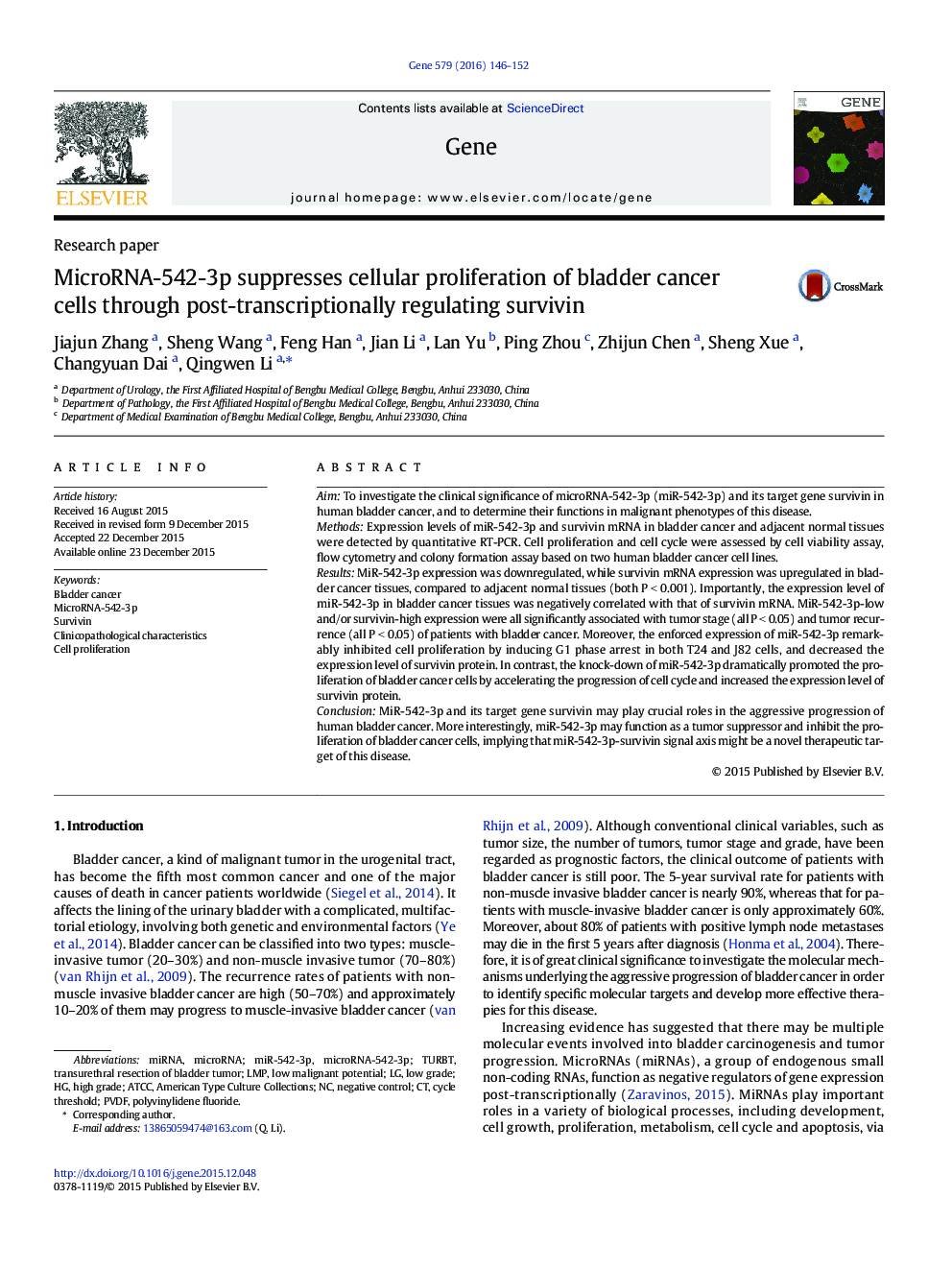 MicroRNA-542-3p suppresses cellular proliferation of bladder cancer cells through post-transcriptionally regulating survivin