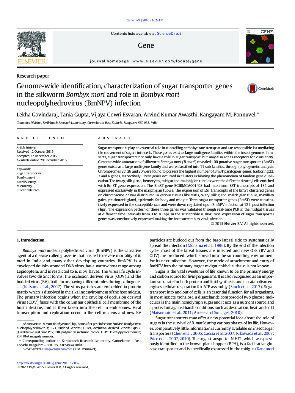 Genome-wide identification, characterization of sugar transporter genes in the silkworm Bombyx mori and role in Bombyx mori nucleopolyhedrovirus (BmNPV) infection