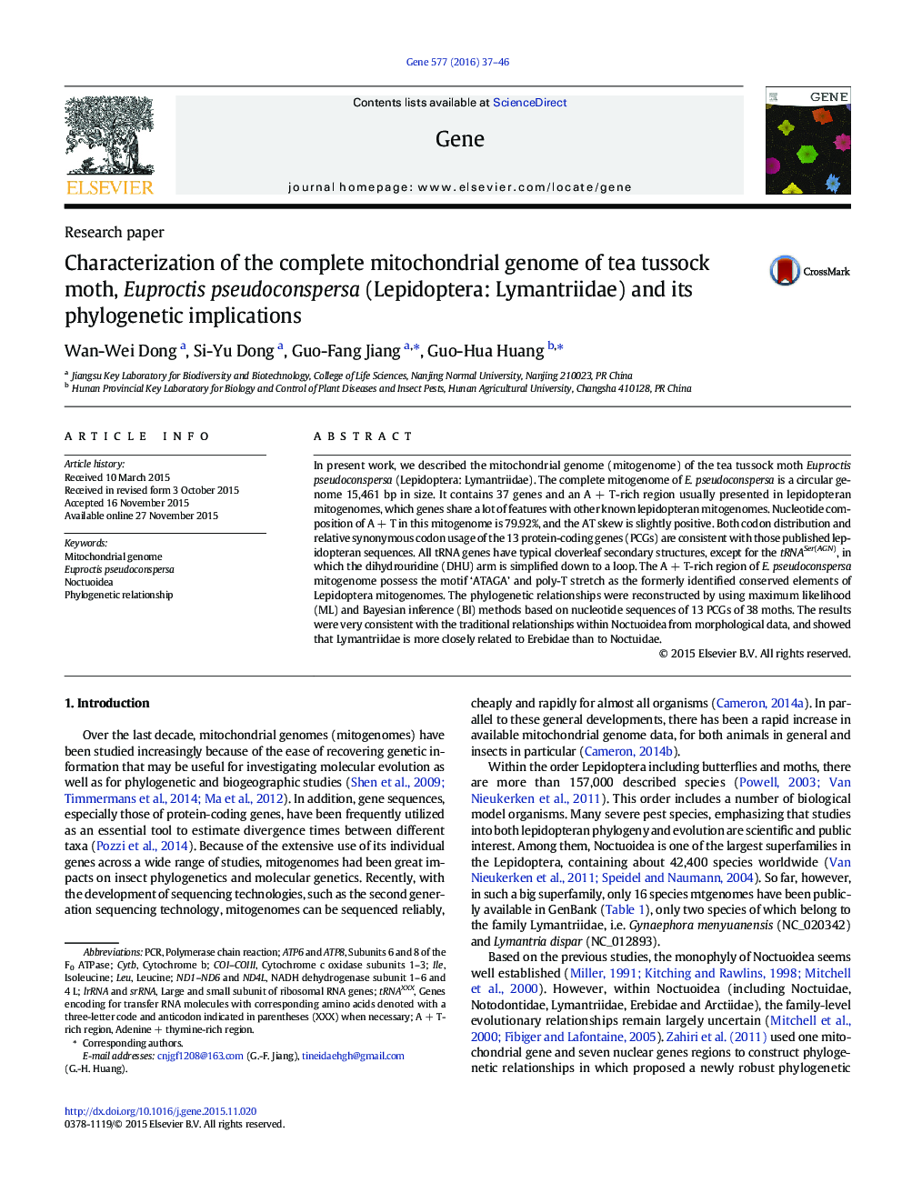 عکس صفحه اول مقاله: Characterization of the complete mitochondrial genome of tea tussock moth, Euproctis pseudoconspersa (Lepidoptera: Lymantriidae) and its phylogenetic implications Characterization of the complete mitochondrial genome of tea tussock moth, Euproctis pseudoconspersa (Lepidoptera: Lymantriidae) and its phylogenetic implications
