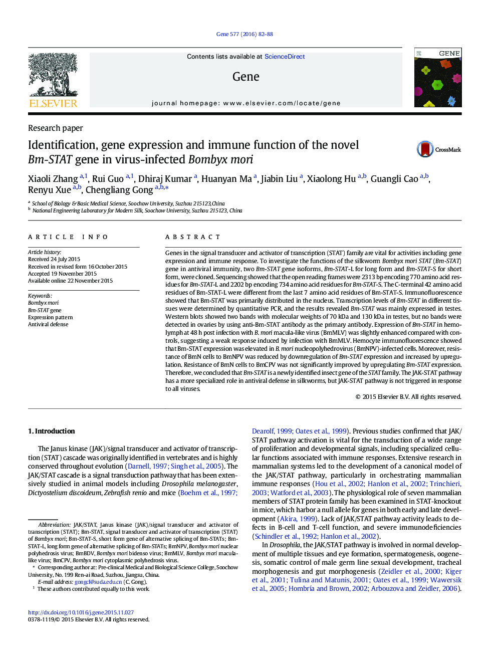 Identification, gene expression and immune function of the novel Bm-STAT gene in virus-infected Bombyx mori