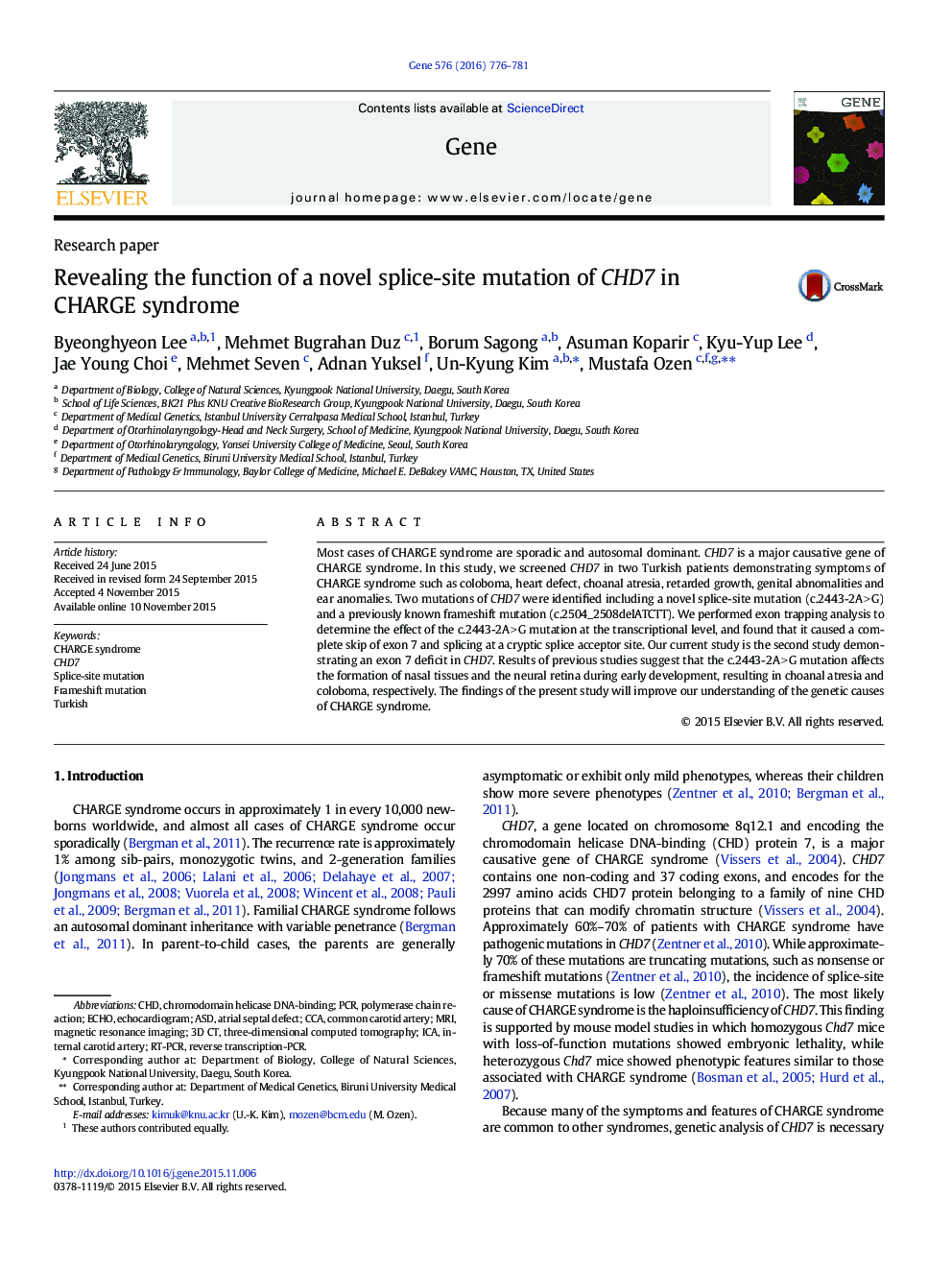 Revealing the function of a novel splice-site mutation of CHD7 in CHARGE syndrome