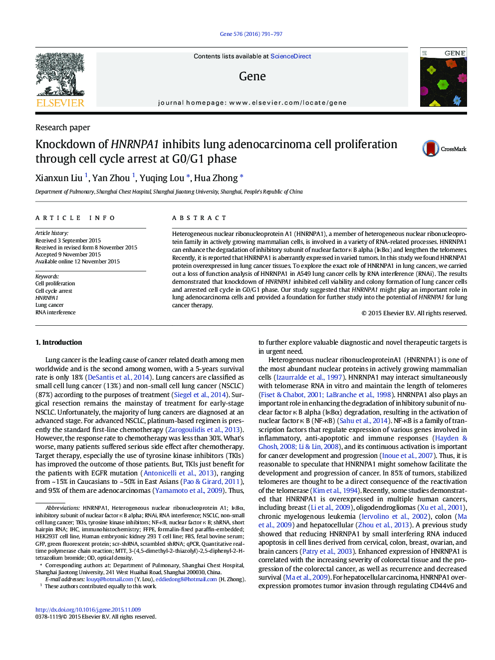 Knockdown of HNRNPA1 inhibits lung adenocarcinoma cell proliferation through cell cycle arrest at G0/G1 phase