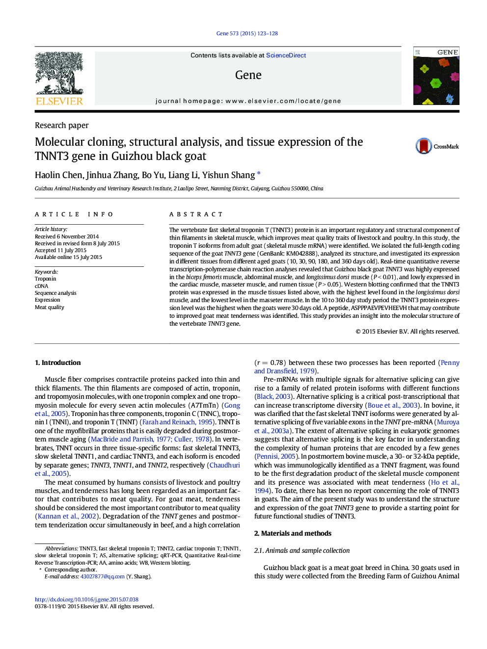 Molecular cloning, structural analysis, and tissue expression of the TNNT3 gene in Guizhou black goat