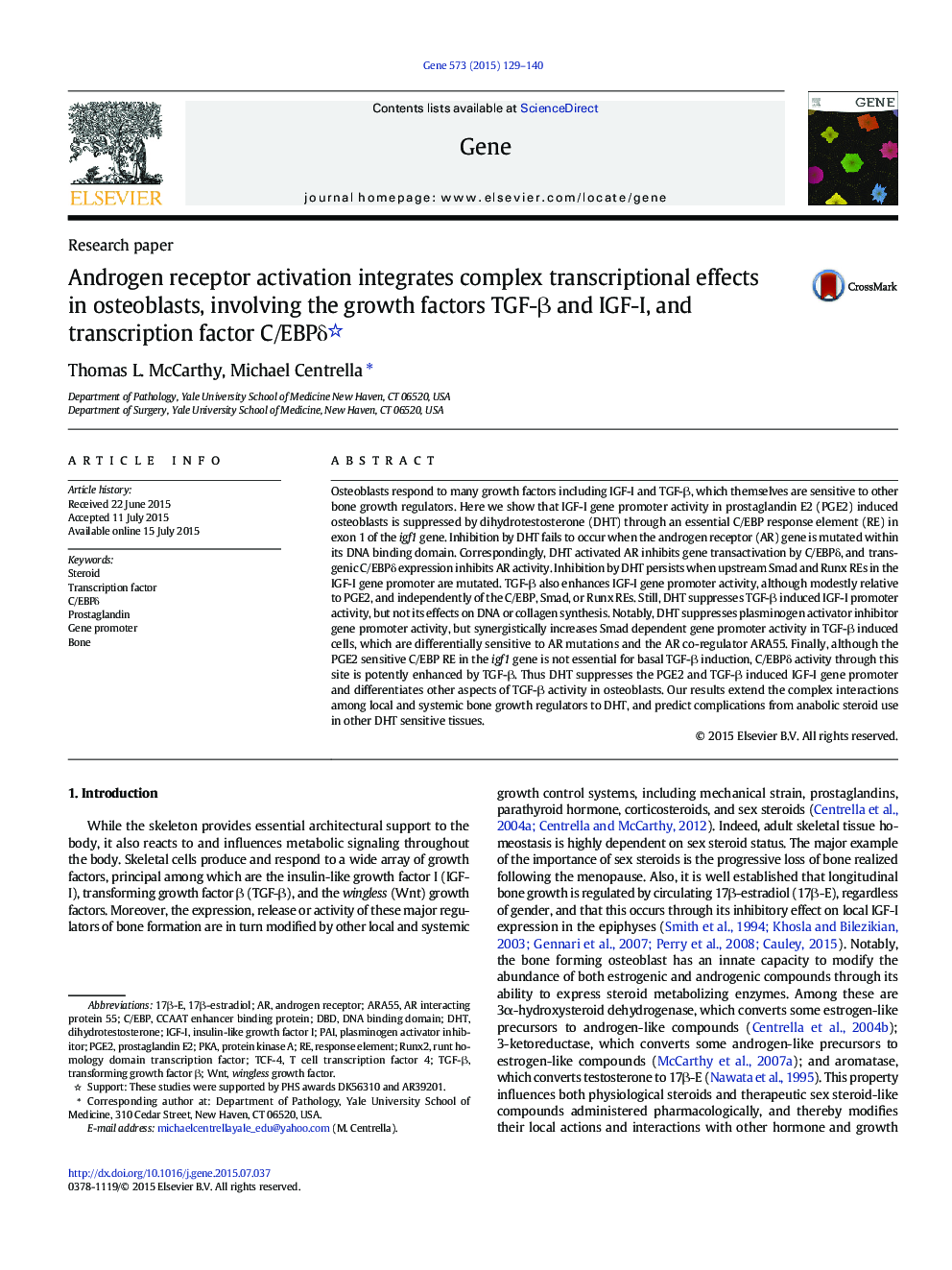 Androgen receptor activation integrates complex transcriptional effects in osteoblasts, involving the growth factors TGF-β and IGF-I, and transcription factor C/EBPδ 