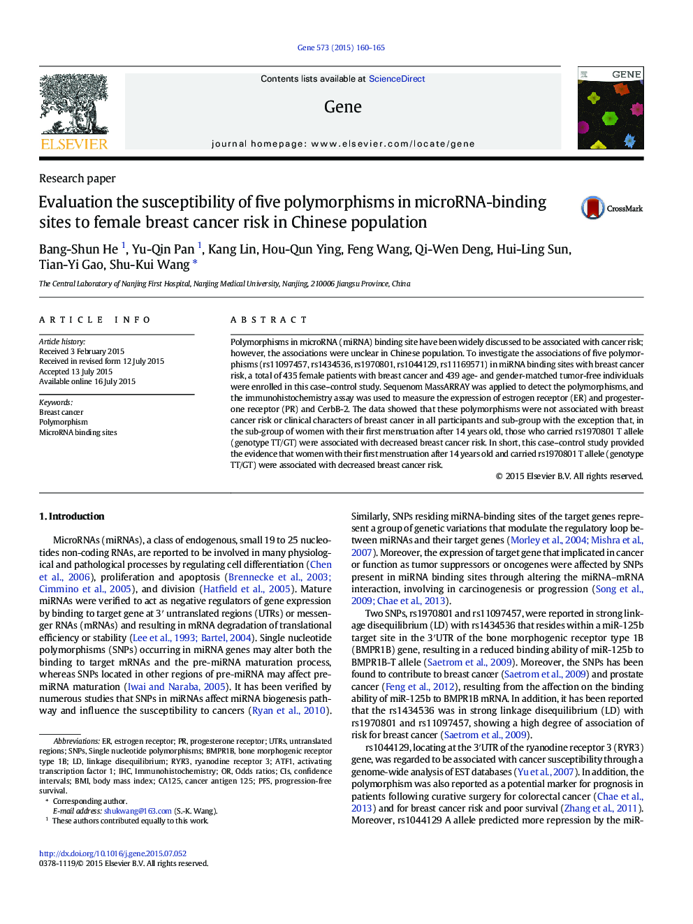 Evaluation the susceptibility of five polymorphisms in microRNA-binding sites to female breast cancer risk in Chinese population