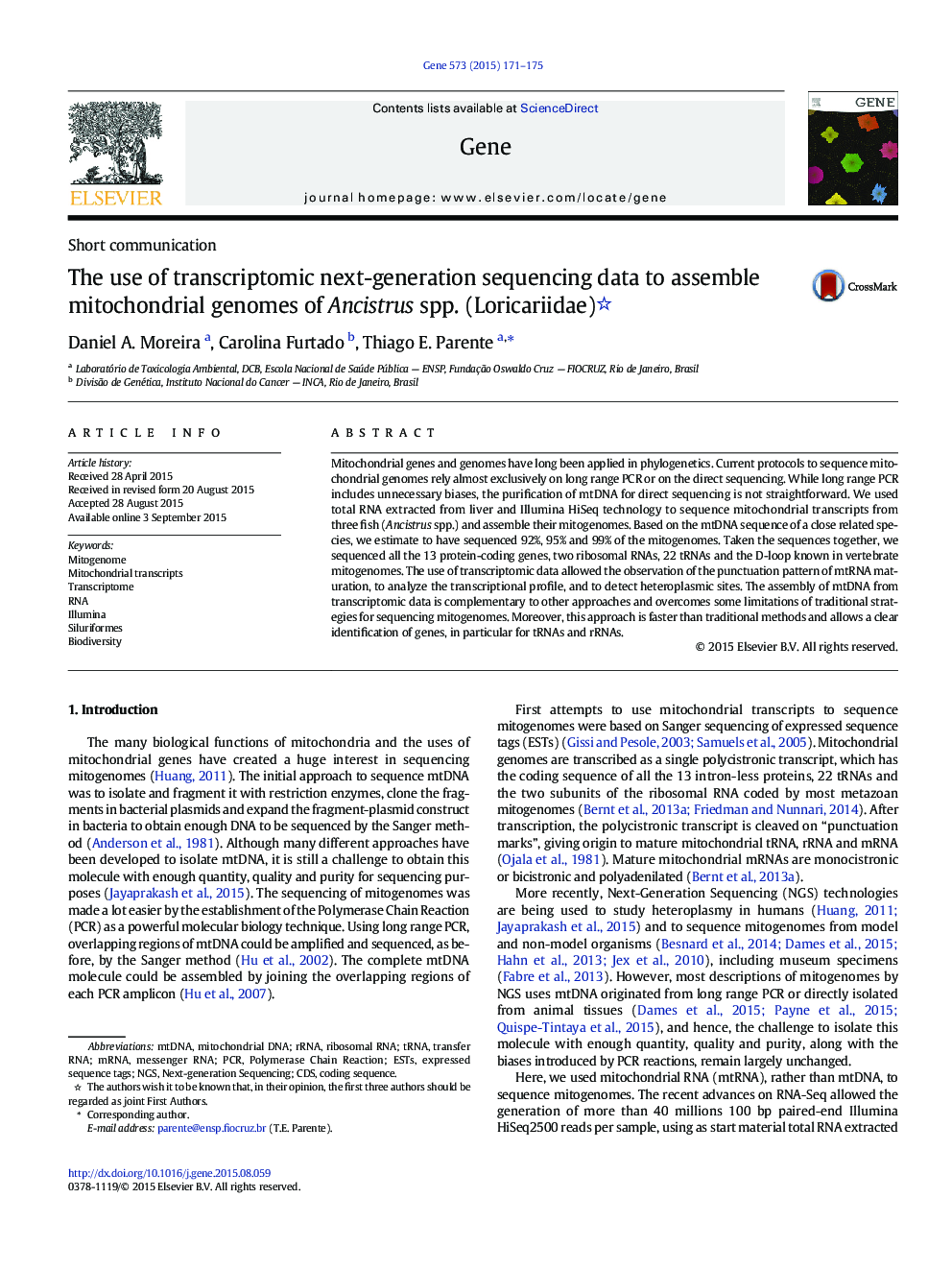 The use of transcriptomic next-generation sequencing data to assemble mitochondrial genomes of Ancistrus spp. (Loricariidae) 